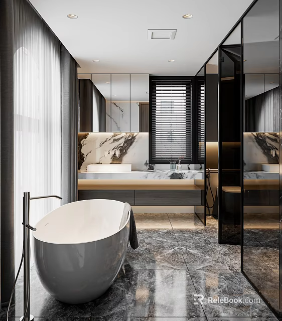 Modern Bathroom Interior Design With Freestanding Bathtub Marble Countertop Double Sinks And Large Mirrors 3d model 