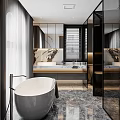 Modern Bathroom Interior Design With Freestanding Bathtub Marble Countertop Double Sinks And Large Mirrors