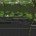 Lush Green Landscape Wall In Outdoor Space With Trees Ferns Bench And Paved Ground