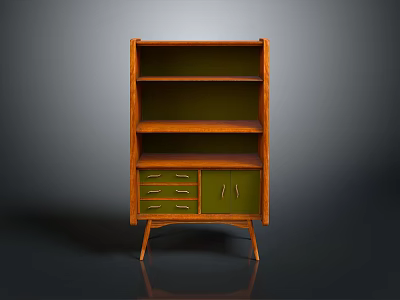 Wooden Bookcase Design With Shelves Drawers And Green Cabinet Doors 3d model