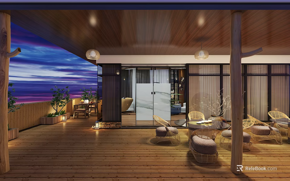 Rooftop Garden With Wooden Flooring Outdoor Furniture Sunset View And Pendant Lights 3d model 