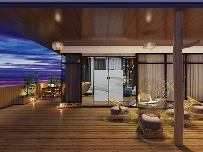 Rooftop Garden With Wooden Flooring Outdoor Furniture Sunset View And Pendant Lights 3d model