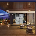Rooftop Garden With Wooden Flooring Outdoor Furniture Sunset View And Pendant Lights