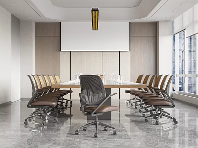 Modern Conference Room Interior With Large Windows Conference Table Chairs And Projection Screen 3d model