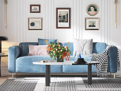 Blue Two Seater Sofa With Pink Gray Cushions Flower Vase And Checkered Blanket 3d model