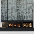 Gray Wood Paneled Fireplace Interior With Burning Flames And Stacked Firewood