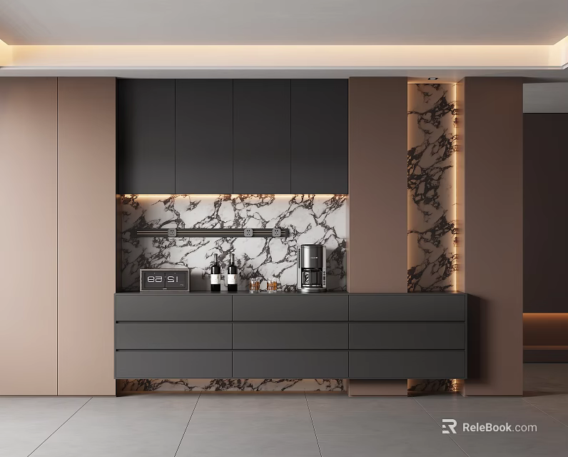 Elegant Modern Kitchen Sideboard With Black Cabinets Marble Backsplash And Decor Items 3d model 