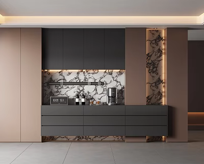 Elegant Modern Kitchen Sideboard With Black Cabinets Marble Backsplash And Decor Items 3d model