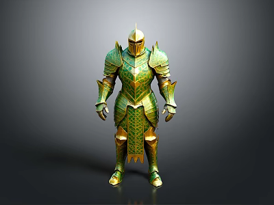 3D Model of Green and Gold Medieval Armor With Intricate Decorative Patterns and Metallic Finish 3d model