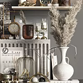 Elegant Decorative Ornament Set With Table Lamp Clock Vase Dried Plants On Marble Shelf