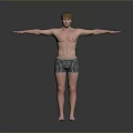 Shirtless Man in Black and White Checkered Shorts with Arms Outstretched Against Gray Background