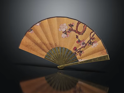 Decorative Hanging Fan with Plum Blossom Design on Yellow Surface Green Ribs 3d model
