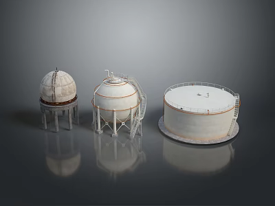 Industrial White Storage Tanks In Three Different Shapes Spherical Cylindrical With Ladders And Bases 3d model