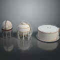 Industrial White Storage Tanks In Three Different Shapes Spherical Cylindrical With Ladders And Bases