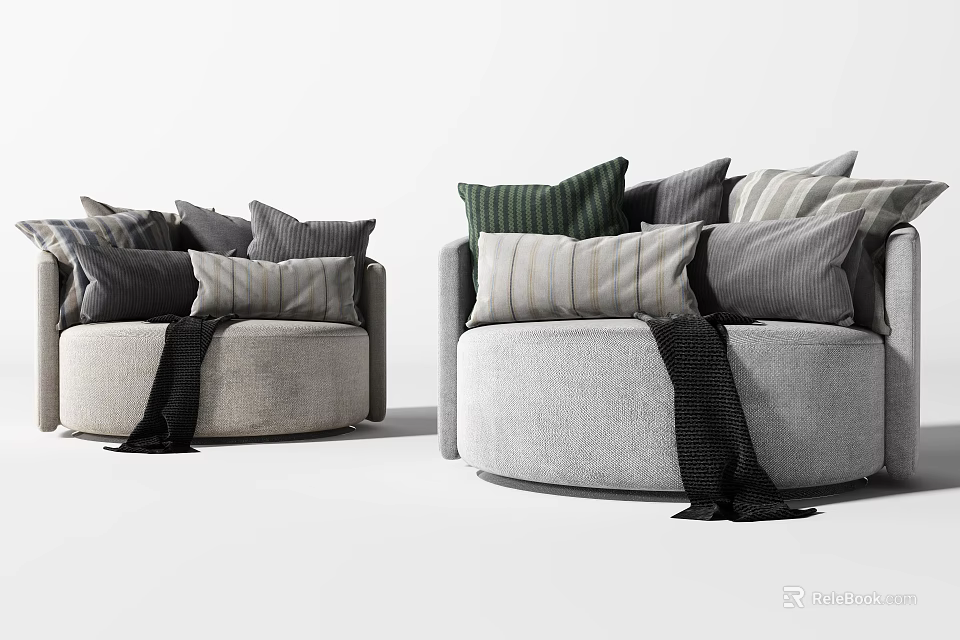 Round Single Sofa With Colorful Patterned Pillows And Cozy Black Blanket 3d model