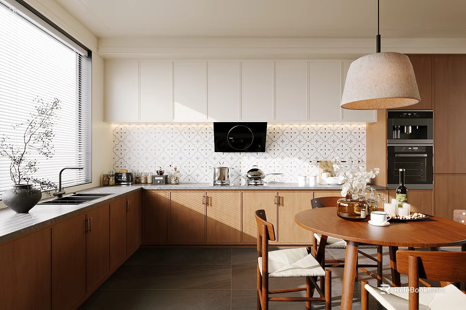 Modern Kitchen Interior With White Upper Cabinets Wooden Lower Cabinets Round Table And Pendant Lamp 3d model 