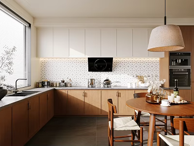 Modern Kitchen Interior With White Upper Cabinets Wooden Lower Cabinets Round Table And Pendant Lamp 3d model