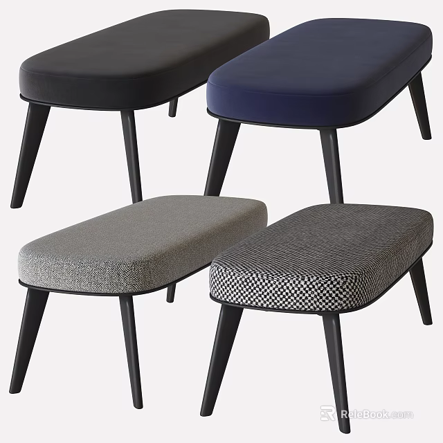 Modern Upholstered Benches with Black Legs in Black Navy Gray and Patterned Fabric 3d model 