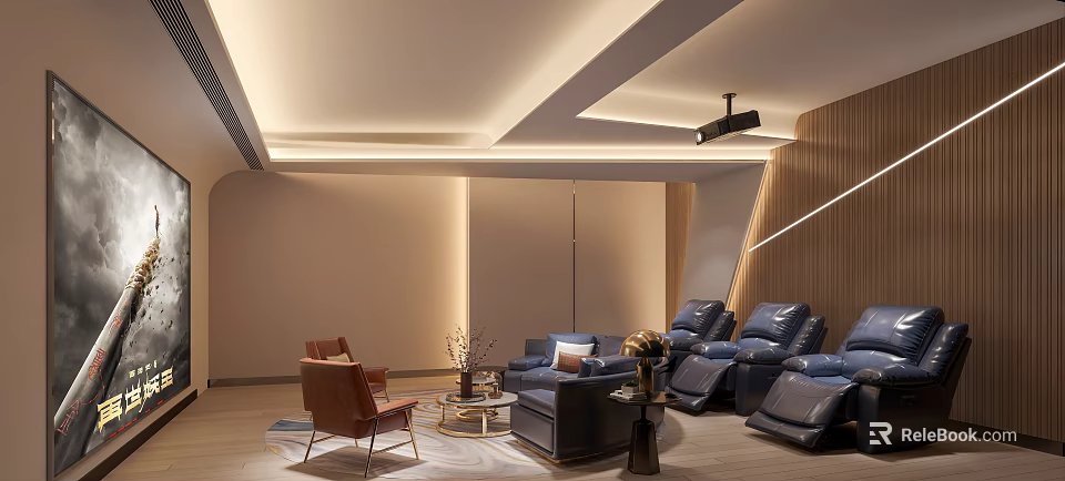 Modern Home Theater Interior With Comfortable Seating And Projector 3d model