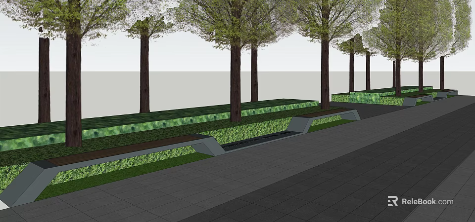Modern Landscape Seats With Green Hedges And Trees On Paved Urban Path 3d model 