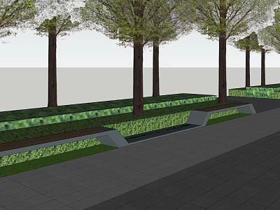 Modern Landscape Seats With Green Hedges And Trees On Paved Urban Path 3d model