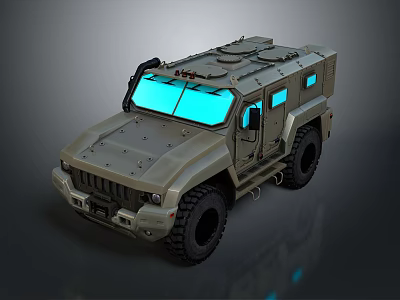 Rugged Military Vehicle With Military Green Exterior Large Tires And Blue Windows 3d model