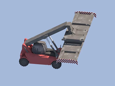 Red Utility Forklift With Extendable Arm And Warning Striped Forks 3d model