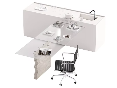 Modern Dining Table Set with White Countertop Extending Design and Black Chair with Wheels 3d model