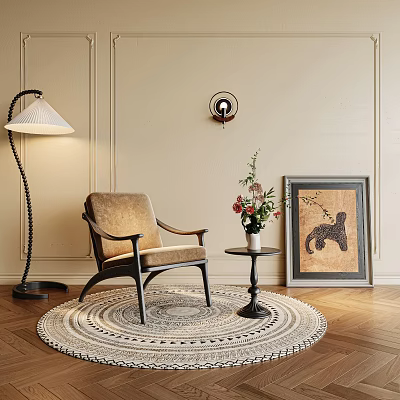 Accent Chair in Beige Wall Living Room with Floor Lamp Small Table and Floral Vase 3d model