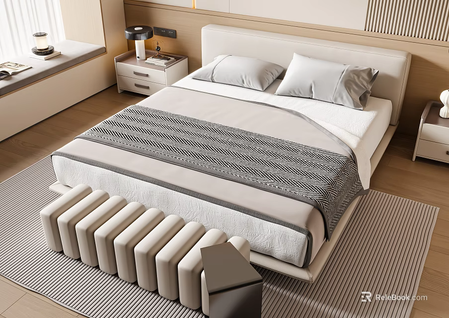 Modern Style Double Bed With Gray White Bedding Nightstand Bench Wooden Floor Natural Light 3d model 