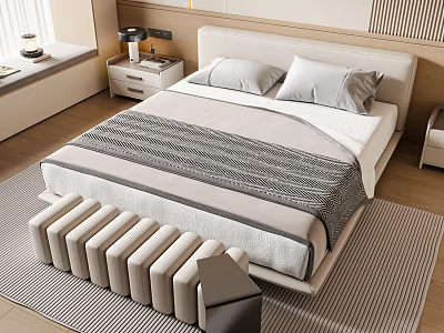 Modern Style Double Bed With Gray White Bedding Nightstand Bench Wooden Floor Natural Light 3d model