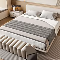 Modern Style Double Bed With Gray White Bedding Nightstand Bench Wooden Floor Natural Light