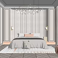 Cozy Kids Bedroom With Gray Striped Walls Bed Pillows Stuffed Toy And Chandelier