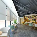 Modern Casual Lounge With Large Windows Green Plants Open Shelves Tables And Chairs
