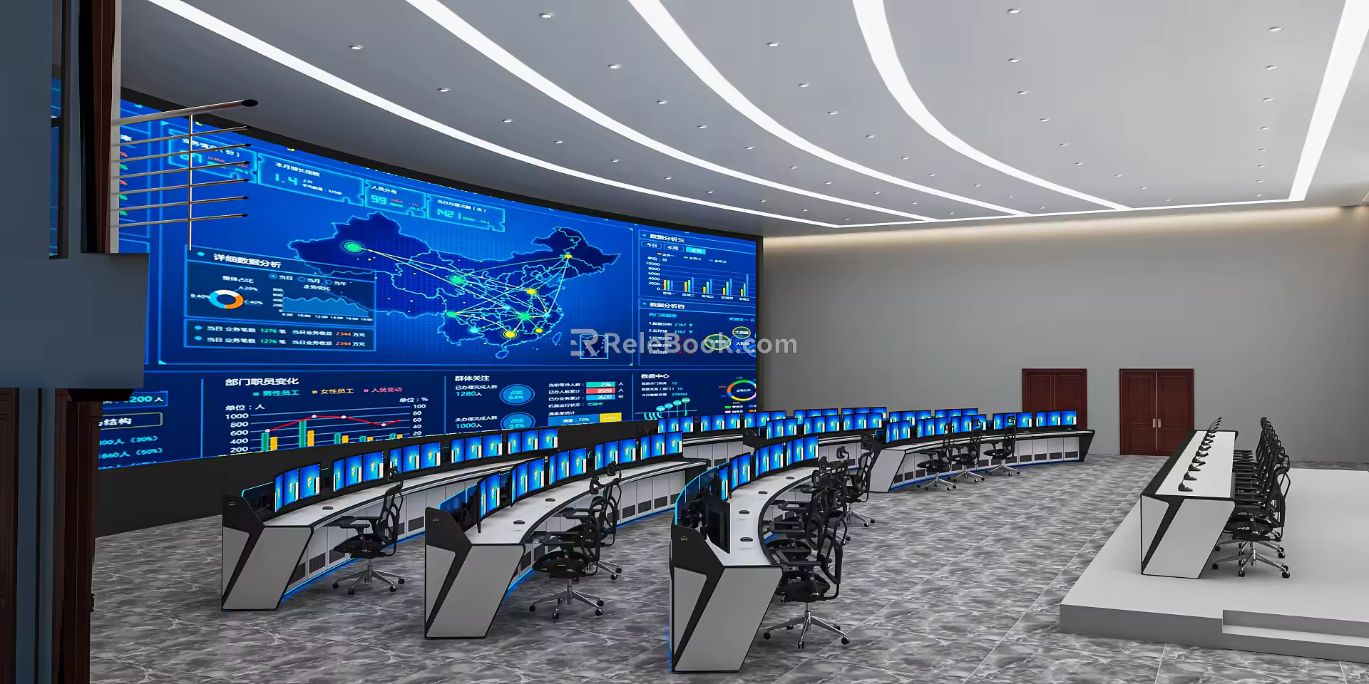 Modern Monitoring Room Command and Control Hall Monitoring Hall Dispatching Command Center Office Desk and Chair 3d model