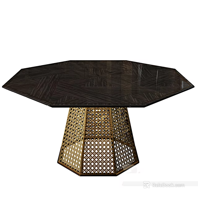 Octagonal Dark Wood Coffee Table With Golden Lattice Base And Modern Design 3d model 