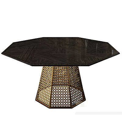 Octagonal Dark Wood Coffee Table With Golden Lattice Base And Modern Design 3d model