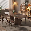 Wooden Dining Table Set with Four Chairs Flower Vase Tableware Glass Cabinet and Potted Plant