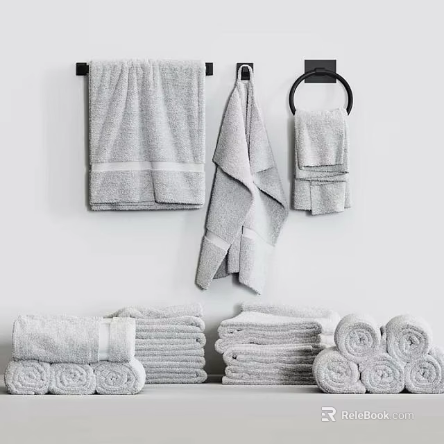 Soft Light Gray Cotton Bath Hand Towels Hung On Wall Rack Rolled On Shelf 3d model 