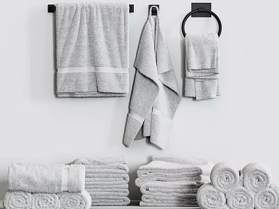 Soft Light Gray Cotton Bath Hand Towels Hung On Wall Rack Rolled On Shelf 3d model