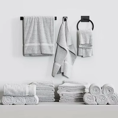 Soft Light Gray Cotton Bath Hand Towels Hung On Wall Rack Rolled On Shelf 3d model