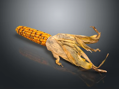 Ripe Corn Cob With Orange And Brown Kernels Dried Husks On Dark Reflective Background 3d model
