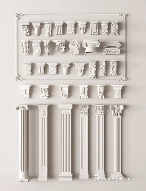 Different Styles of Classical Roman Columns Featuring Decorative Capitals and Architectural Elements 3d model 