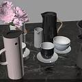 Stylish Modern Tea Set Collection With Ceramic Teapots Cups And Fresh Flowers On Marble Countertop
