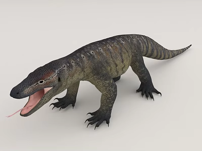 3D Rendered Giant Lizard Reptile Displaying Open Mouth Extended Tongue And Striped Gray Green Body 3d model