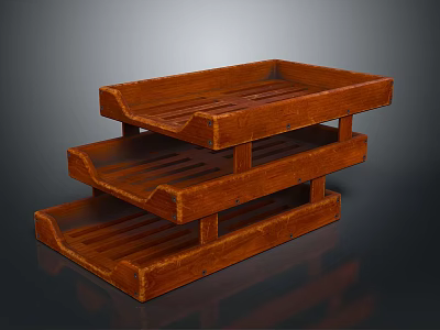 Three Tiered Wooden Tray Rack With Slotted Trays For Storage 3d model