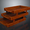 Three Tiered Wooden Tray Rack With Slotted Trays For Storage
