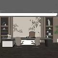 Chinese Style Office Interior With Large Desk Leather Chairs Bookshelves And Decorative Painting