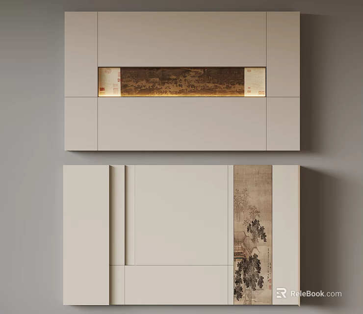 Modern Cabinet Interior Design With Illuminated Display And Decorative Artwork Details 3d model