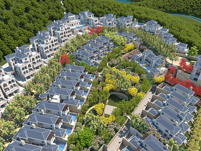 Scenic Detached Villa Community With Lush Greenery Riverfront And Landscaped Gardens 3d model